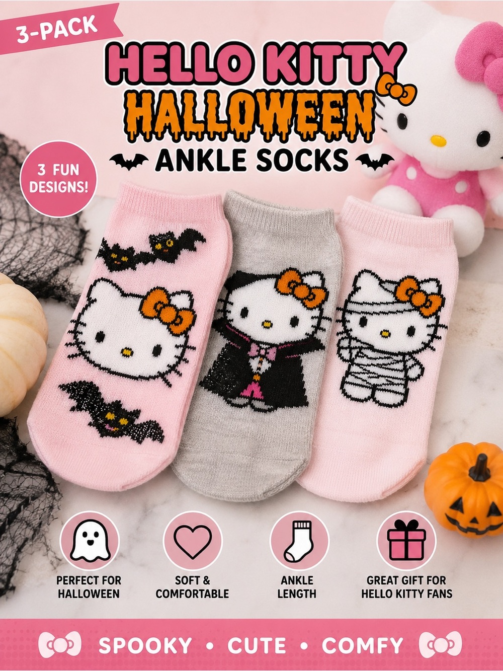 Sanrio Hello Kitty Halloween Ankle Socks - Pink & Gray - 3-Pack